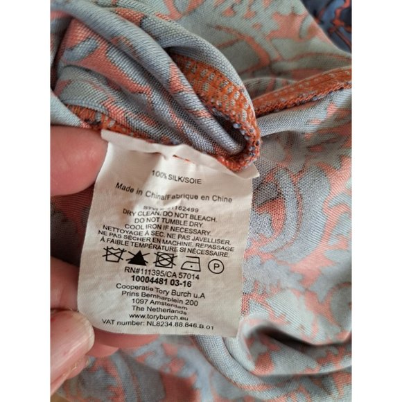 Tory Burch MIDI Dress Fun Print Blue Coral/ Orange Silk Simple Easy to Wear SZ S - Picture 8 of 8
